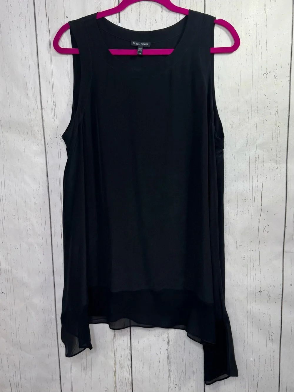 Eileen Fisher Black 100% Silk Sleeveless Tunic Top L Asymmetrical Minimalist